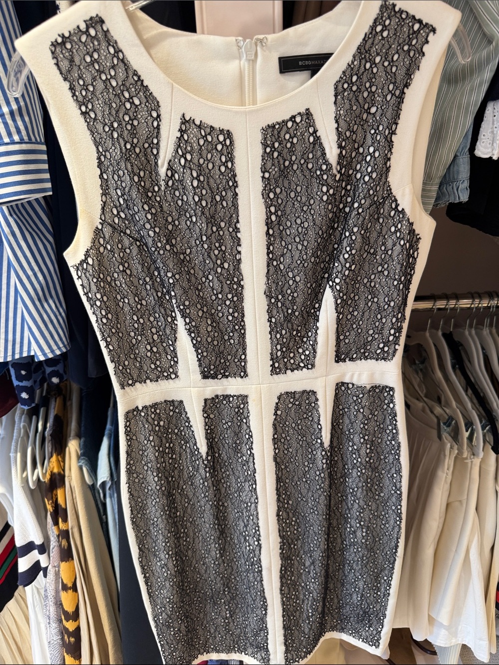 BCBGMaxAzria Ivory Sheath Dress with Black Lace Panels